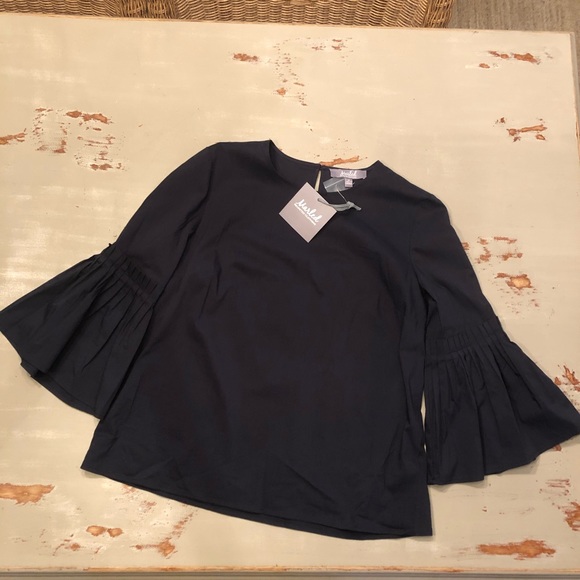 Navy Blue Top with pleated bell sleeves - Picture 2 of 6
